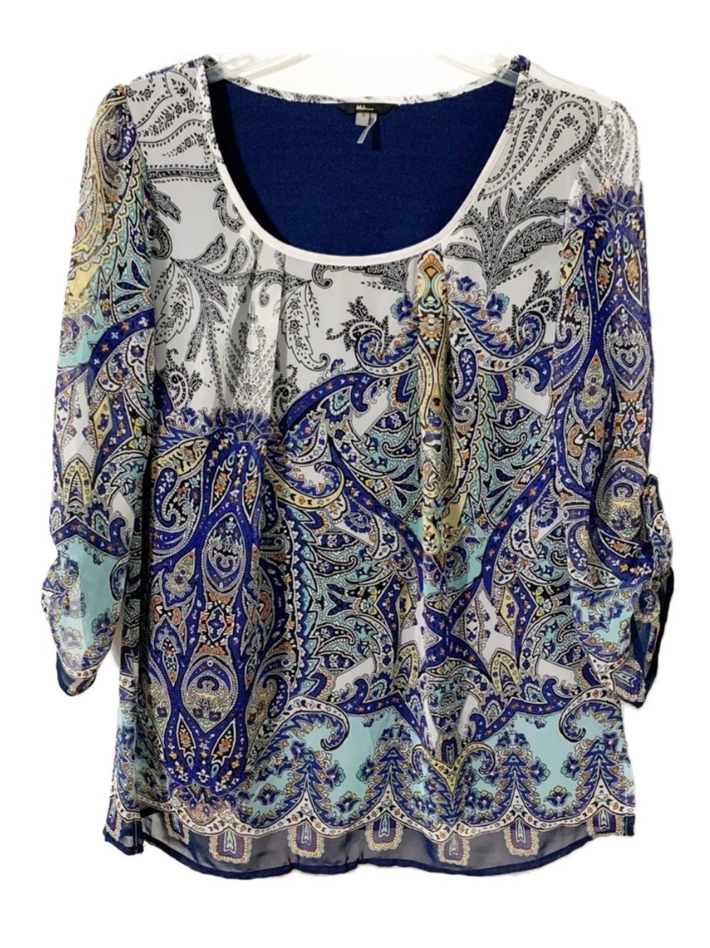 Milano Paisley Print Scoop Neck Peasant Blouse Adjustable Sleeves Gathering